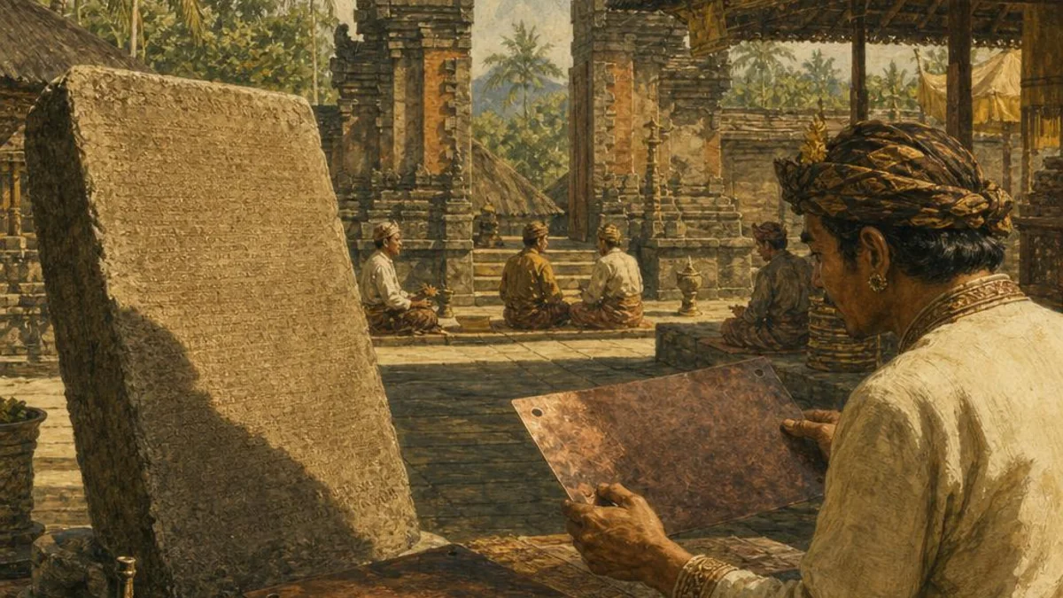 Original editorial illustration of an ancient Balinese stone inscription, copper charter plates, and temple gateway