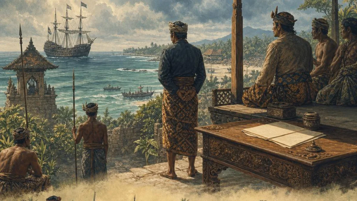 Original editorial illustration of a Dutch sailing ship offshore, a Balinese coastal watch point, and a blank treaty paper