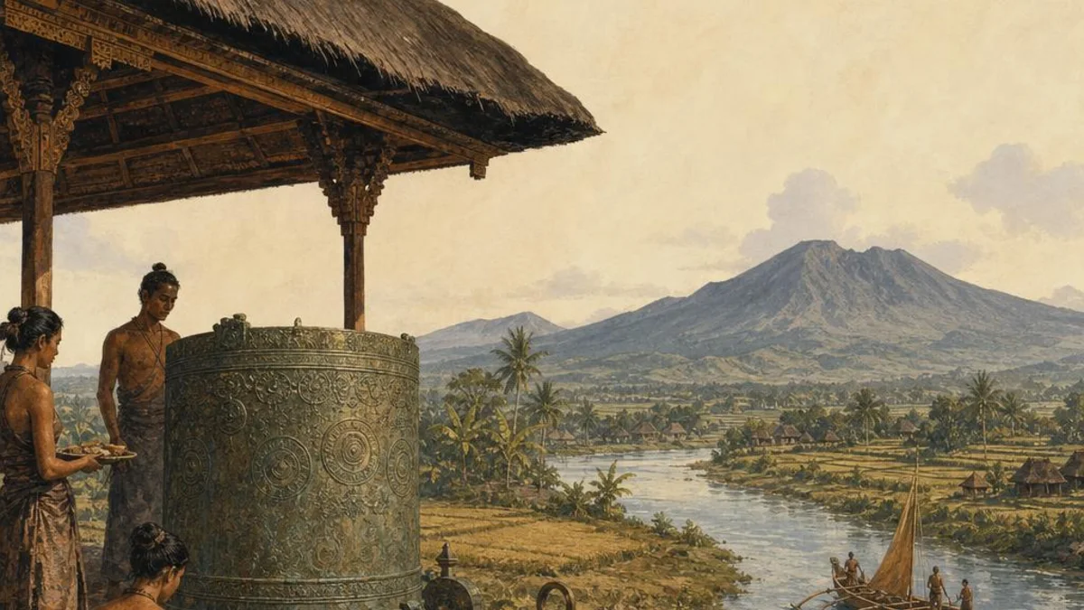 Original editorial illustration of the Moon of Pejeng-style bronze drum in a sacred pavilion above an early Bali river valley