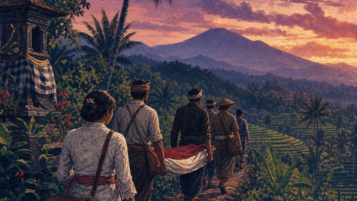 Original editorial illustration of independence-era community figures carrying a red-and-white cloth along a Balinese hillside
