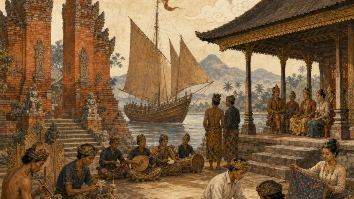 Original editorial illustration of a Java–Bali sailing connection, red-brick gate, and Balinese court pavilion