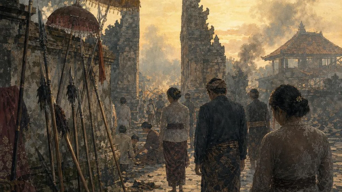 Original editorial illustration of a solemn palace aftermath with ceremonial parasols, temple gate, and civilians after the puputan