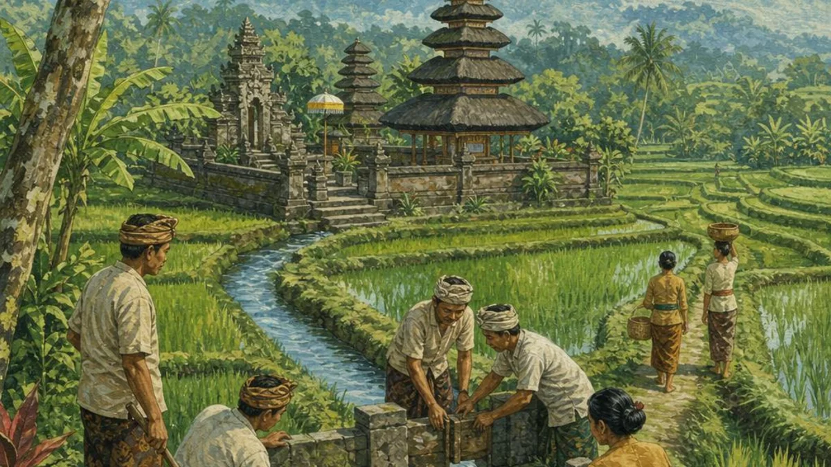 Original editorial illustration of Balinese farmers coordinating water through rice terraces, channels, and a water temple