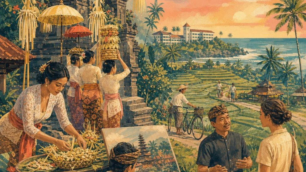 Original editorial illustration of Balinese cultural stewardship, a painter, local guide, visitor, rice terraces, and early hotel coast